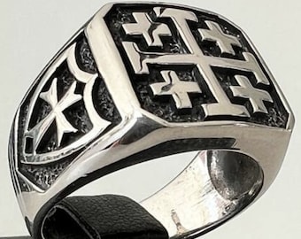 3D Jerusalem Cross Ring – Handmade Sterling Silver 925 Crusader Templar Band, Christian Jewelry for Him, Unisex Catholic Medieval Gift