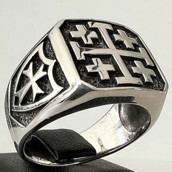 3D Jerusalem Cross Ring – Handmade Sterling Silver 925 Crusader Templar Band, Christian Jewelry for Him, Unisex Catholic Medieval Gift