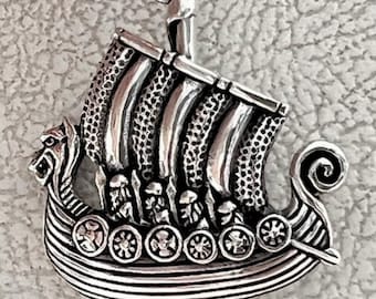 Viking Ship Pendant Sterling Silver 925 – Handmade Norse Longboat Jewelry Gift for Him or Her, Scandinavian Minimalist Amulet Necklace