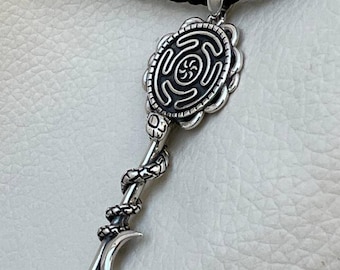 Handmade 925 Sterling Silver Maze Labyrinth Key and Snake Wiccan Pagan Triple Moon Goddess Hecate Wheel Amulet Pendant Necklace Jewelry