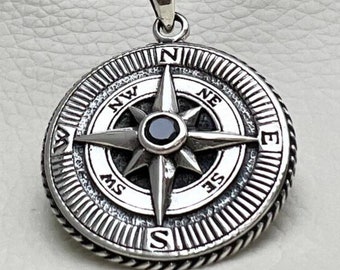 3D Compass North Star Pendant – Handmade Sterling Silver 925 Medallion, Viking Compass Talisman, Silver Nautical Gift for Him or Her