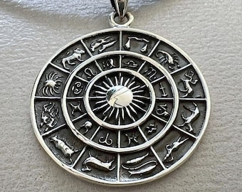Zodiac Horoscope Pendant, Solar Calendar, Astrology Sign Wheel, Planetary Symbols, Sherpa&#39;s Nirvana, Celestial Handmade Sterling Silver 925!