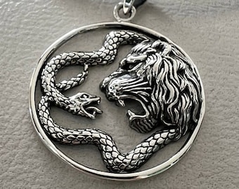 3D Ouroboros Lion And Snake Amulet, Handmade Sterling Silver 925 Symbolic Talisman Necklace, Power And Protection Gift for Him