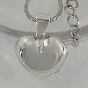 May include: A silver-colored heart pendant necklace. The heart-shaped pendant is smooth and reflective, suspended from a delicate chain. The necklace has an adjustable chain with a small clasp. The jewelry is displayed against a light background.