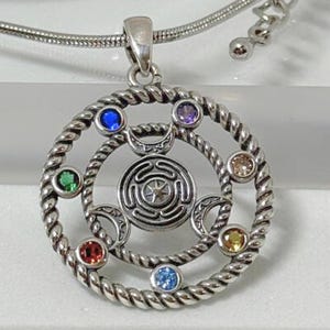 Spiritual Triple Moon Pendant, Handmade Sterling Silver 925 Chakra Goddess Amulet, Hecate Wheel Protection Necklace Gift with 7 Stones