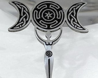 Triple Moon Goddess Pendant, Moon Phases Spiritual Necklace Gift, Wiccan Pagan Jewelry, Spiral Goddess Amulet, Handmade Stainless Steel