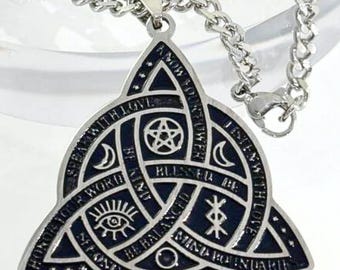 Hexerei Triquetra Anhänger, Edelstahl Pagan Halskette, Wicca Schutz Amulett, Pentagramm Mond Symbol Schmuck, Geschenk für Sie oder Ihn