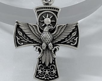 3D Eagle Cross Pendant, Gothic Heraldic Symbol Necklace, Medieval Winged Amulet Gift, Sterling Silver 925 Handmade