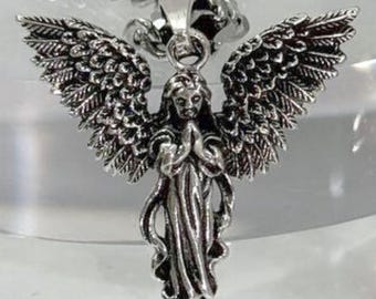 Handmade 3D Angel Pendant, Sterling Silver 925, Praying Wings Necklace, Protection Amulet, Religious Gift, Spiritual Jewelry for Her or Him