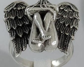 Bague ange pleureur 3D en argent sterling 925, bijoux commémoratifs gothiques faits main, bague de déclaration de protection spirituelle, cadeau de deuil de sympathie