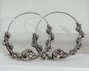 Large Skull Hoop Earrings, Stainless Steel Gothic Jewelry, Silver Spooky Statement Earrings, Punk Halloween Hoops, Skeleton Jewelry Gift