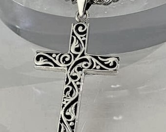 Handmade Sterling Silver 925 Cross Pendant, Engraved Religious Necklace, Oxidized Christian Jewelry Gift, Unisex Artisan Cross Necklace