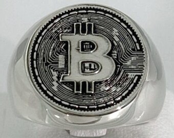 3D Bitcoin Ring, Crypto Jewelry Gift, Blockchain Signet Ring, BTC Jewelry for Collectors, Handmade Sterling Silver 925