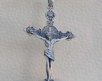 3D Saint Benedict Crucifix Pendant 925 Sterling Silver Cross Medal Amulet For Protection And Faith