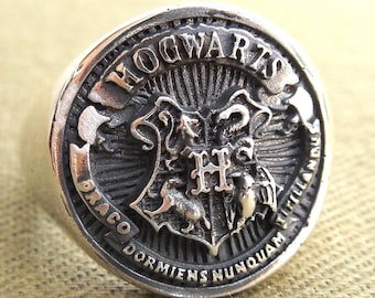 3D Fantasy Wizard Academy Crest Ring, Handmade Sterling Silver 925, Magical Seal Gift, Mythical Symbol Jewelry, Signet Talisman Ring