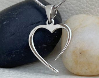 Handmade Sterling Silver 925 Open Heart Pendant – Minimalist Love Necklace, Romantic Gift for Her or Him