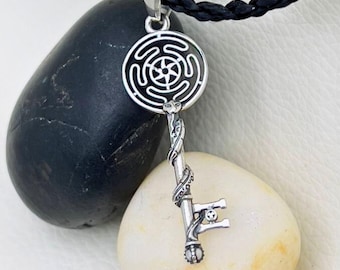 Spiritual Hecate Key Pendant, Handmade Sterling Silver 925, Snake Wrapped Labyrinth Talisman, Pagan Protection Amulet Gift, Wiccan Jewelry