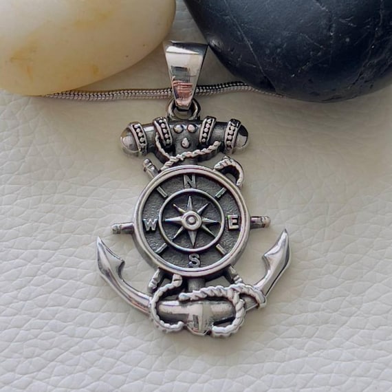 3D Sterling Silver Anchor Compass Pendant – Handmade Nautical Wheel Amulet, Sailor Gift, Pirate Ship Talisman Jewelry for Men