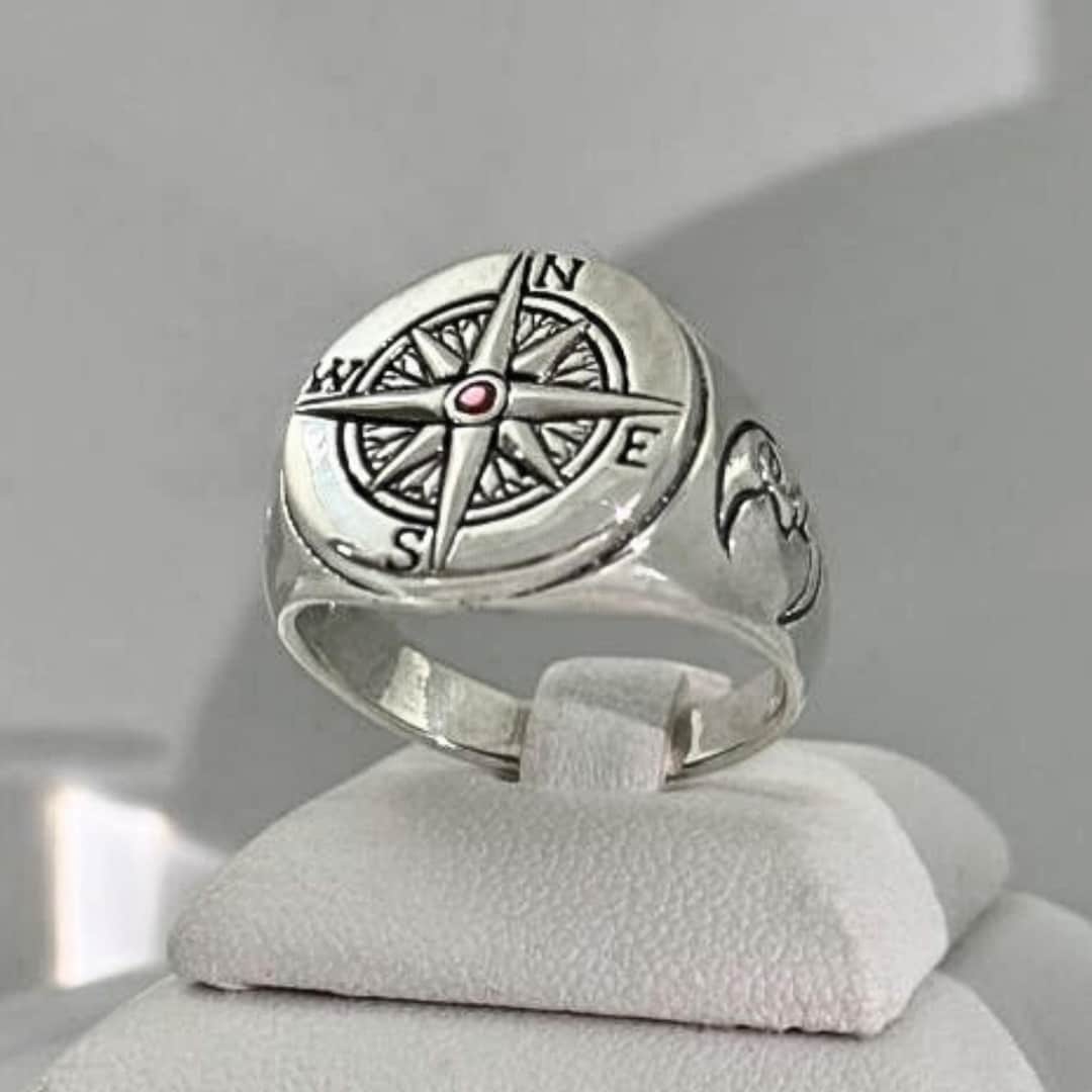 Compass Rings Design Element Sterling Silver 925 3D Compass Ring, Nautical Signet, North Star Design ...