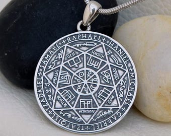 3D Handmade Sterling Silver 925 Seal of Seven Archangels Pendant – Kabbalah Amulet Necklace, Protective Talisman Gift, Spiritual Jewelry