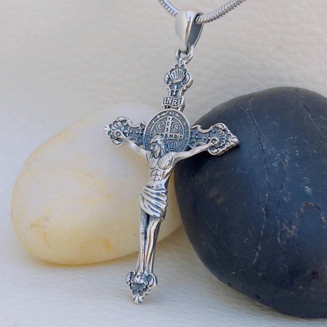 3D Handmade Saint Benedict Crucifix Pendant, Sterling Silver 925 ...