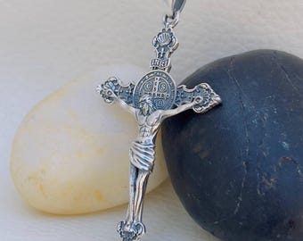 3D Handmade Saint Benedict Crucifix Pendant, Sterling Silver 925 Religious Gift, Catholic Spiritual Amulet Easter Protection Jewelry