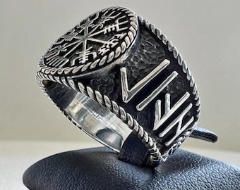 3D Vegvisir Viking Compass Ring – Handmade Sterling Silver 925 Norse Signet Ring with Runes, Pagan Amulet, Nordic Jewelry Gift for Him