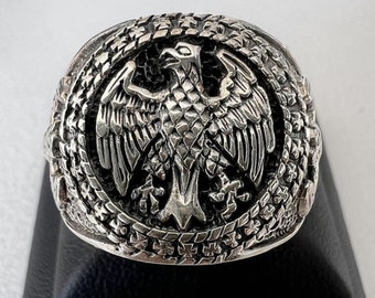 3D Sterling Silver 925 Handmade Jewelry Eagle Ring, Mens Oxidized Signet Ring, German Eagle Cross, Viking Coat of Arms Ring, Gift for Him