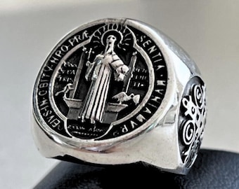 Bague Saint Benoît TEAMER - Acier Inoxydable, Taille Réglable - Bijou Religieux De Protection - Pour Femmes/hommes