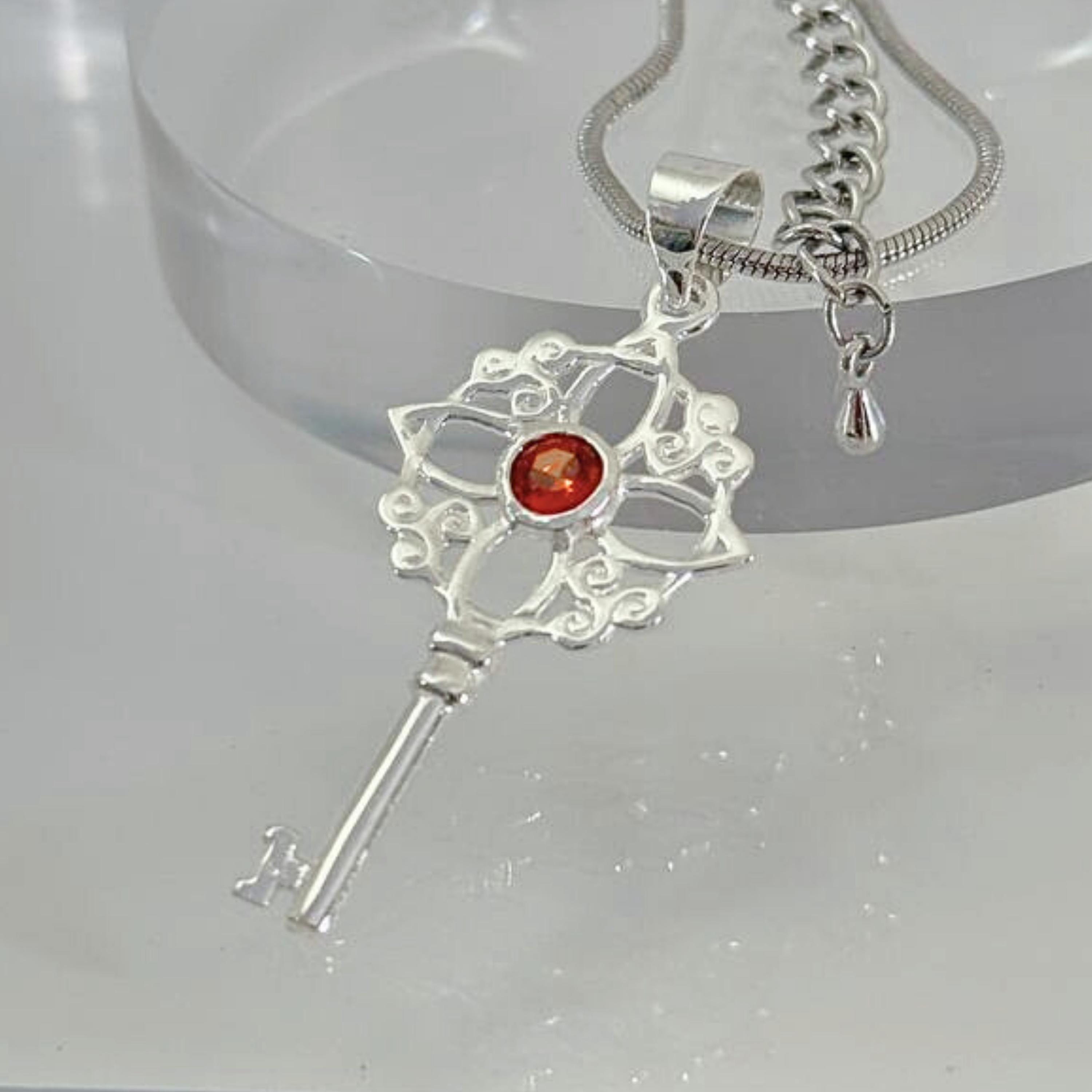 Sterling Silver 925 Magic Key Pendant, Handmade Jewelry Gift for Her, Red Crystal Heart Charm Necklace, Vintage Fantasy Symbol of Secrets