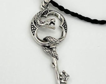 Sterling Silver 925 Snake Key Pendant, Handmade Gothic Key Necklace, Unique Snake Jewelry, Mystical Key Charm