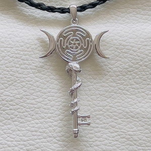 Handmade Sterling Silver 925 Hecate Snake Key Pendant, Triple Moon Necklace, Wiccan Pagan Jewelry, Spiritual Amulet Gift For Her