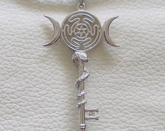 Handmade Sterling Silver 925 Hecate Snake Key Pendant, Triple Moon Necklace, Wiccan Pagan Jewelry, Spiritual Amulet Gift For Her