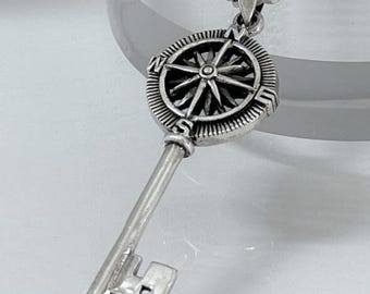 3D Compass Key Pendant, Sterling Silver 925, Handmade Nautical Jewelry, Symbolic Travel Amulet, Vintage Style Gift for Explorer