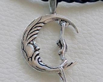 Sterling Silver 925 Crescent Moon Pendant Necklace Handmade Gift - Woman Swinging on the Moon Moving Charm Celestial Jewelry