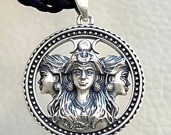 Handmade 3D Sterling Silver 925 Triple Moon Goddess Pendant – Hecate Wiccan Amulet Necklace, Mystical Spiritual Jewelry Gift for Her