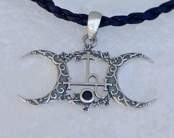 Sterling Silver 925 Triple Moon Sigil Pendant, Handmade Witchcraft Necklace with Occult Symbol, Spiritual Pagan Jewelry Gift for Her