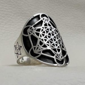 Pierścień 3D Metatron Cube – Amulet pieczęci Salomona z kabały Sacred Geometry, talizman Archanioła Metatrona, ręcznie robiony prezent ze srebra próby 925