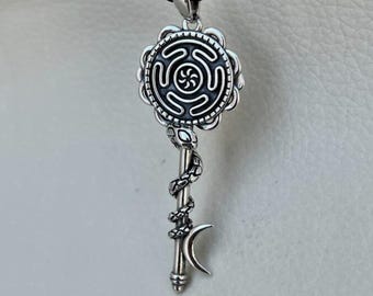 Hecate Snake Key Pendant, Handmade Sterling Silver 925, Triple Moon Labyrinth Talisman, Pagan Goddess Amulet, Spiritual Gift, Mystic Jewelry