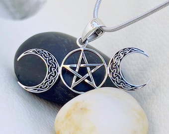 Triple Moon Pentacle Pendant Necklace, Celtic Pagan Jewelry, Sterling Silver 925 Handmade Gift, Wiccan Witchcraft Talisman
