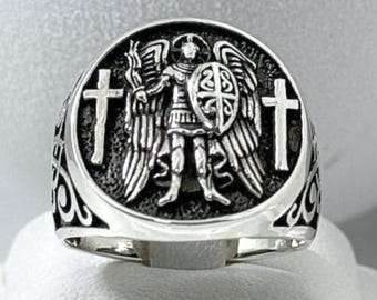 3D Saint Michael Ring, Archangel Michael Guardian Angel, Christian Talisman, Handmade Sterling Silver 925