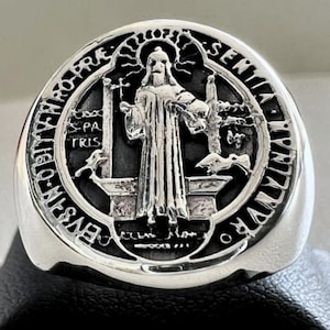 Saint Benedict Ring, 3D Catholic Protection Amulet, Sterling Silver 925 Handmade Jewelry, St. Benedict Exorcism Ring, Gift for Him or Her