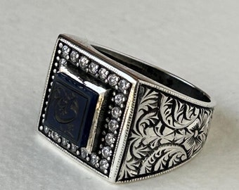 Hand-Carved Navy Agate Sterling Silver Men's Ring with Zircon