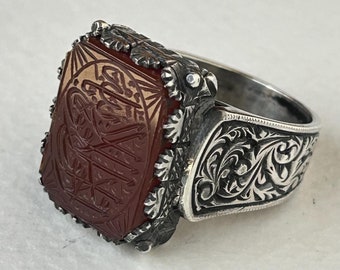 Handcrafted Sterling Silver Red Agate Ring: Islamic Gift