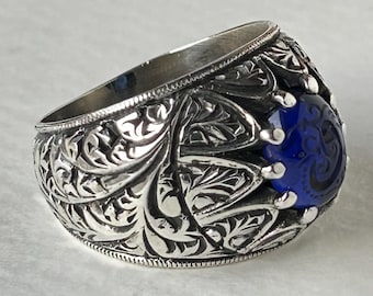 Anillo de plata de ley para hombre hecho a mano: diseño árabe Vav de ágata azul