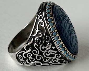 Blue Agate Sterling Silver Ring: Handmade Islamic Gift