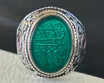 Handmade Sterling Silver Green Agate Ring: Turkish Motif, Moon Star Design