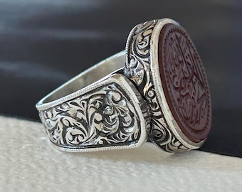 Anillo de plata de ley para hombre hecho a mano: joyería islámica de ágata roja