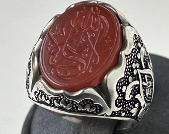 Handmade Sterling Silver Red Agate Ring: Islamic Jewelry Gift