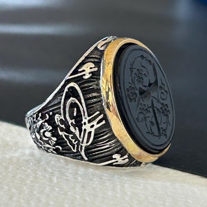 Black Agate Allah Ring - 925 Sterling Silver Hand Carved Signet - Elegant Sterling Silver Black Agate Ring - Allah Engraved, Artisan Crafted